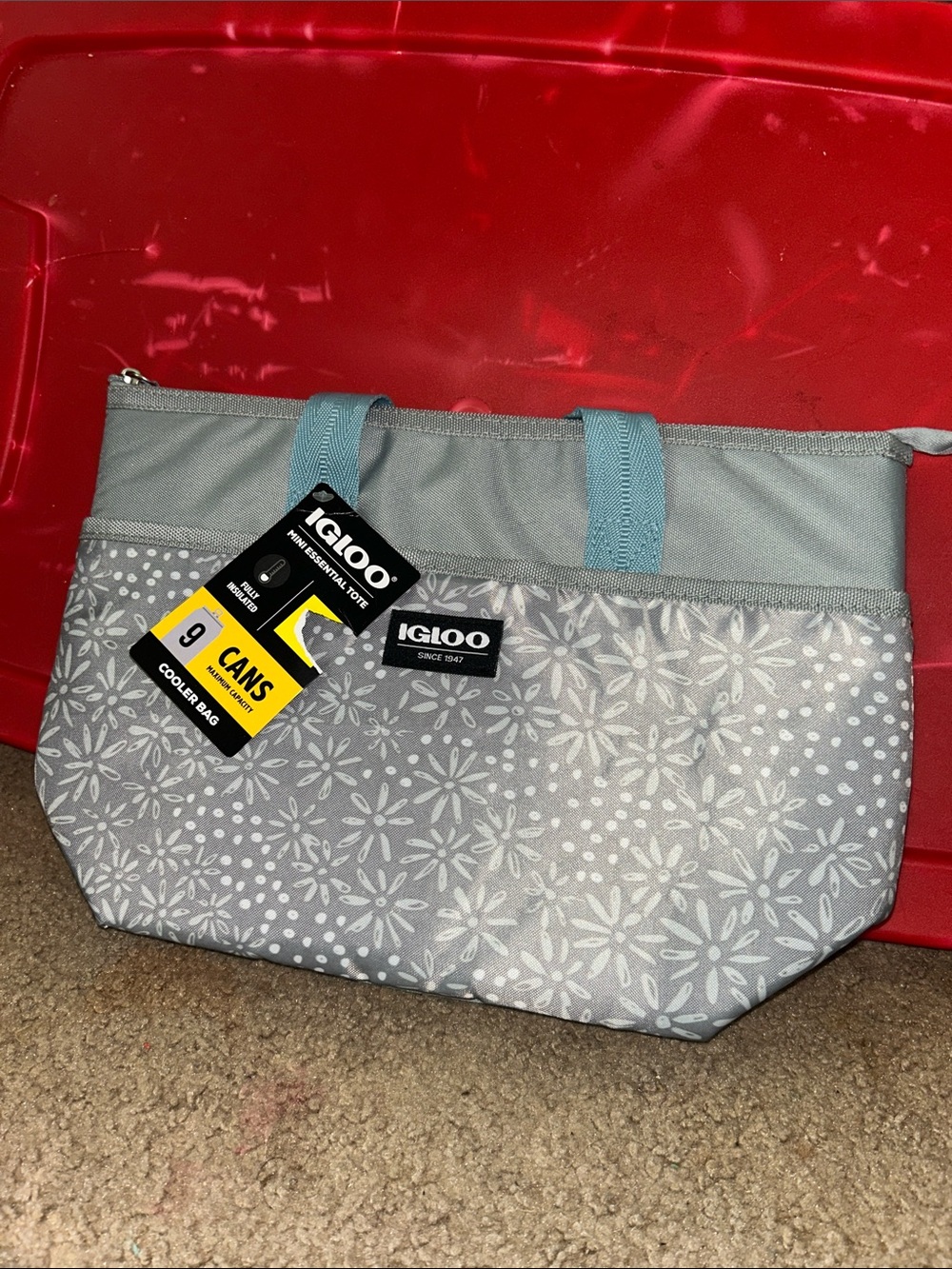 Igloo Gray Floral Insulated Tote with Light Blue Handles